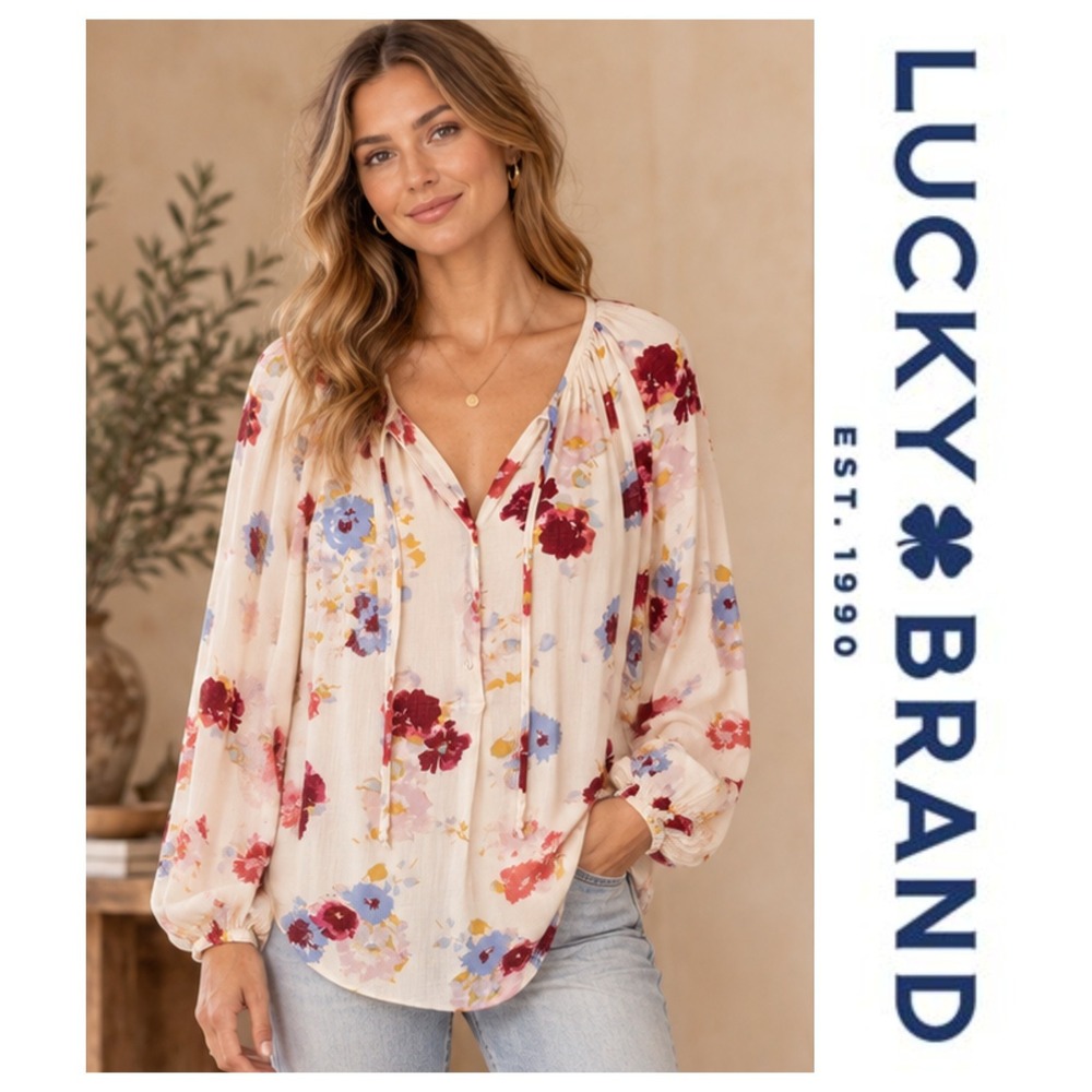 Lucky Brand Cream Watercolor Floral Long Sleeve Tie Front Boho Peasant Top L